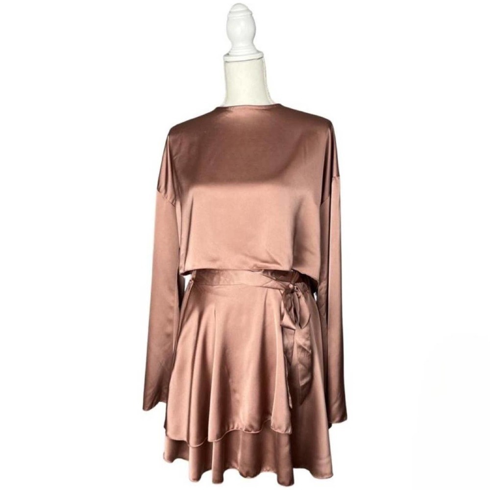 Satin Flute Sleeve Crop Top Shirt and Ballet Tie Mini Skirt Set Lavender Dress